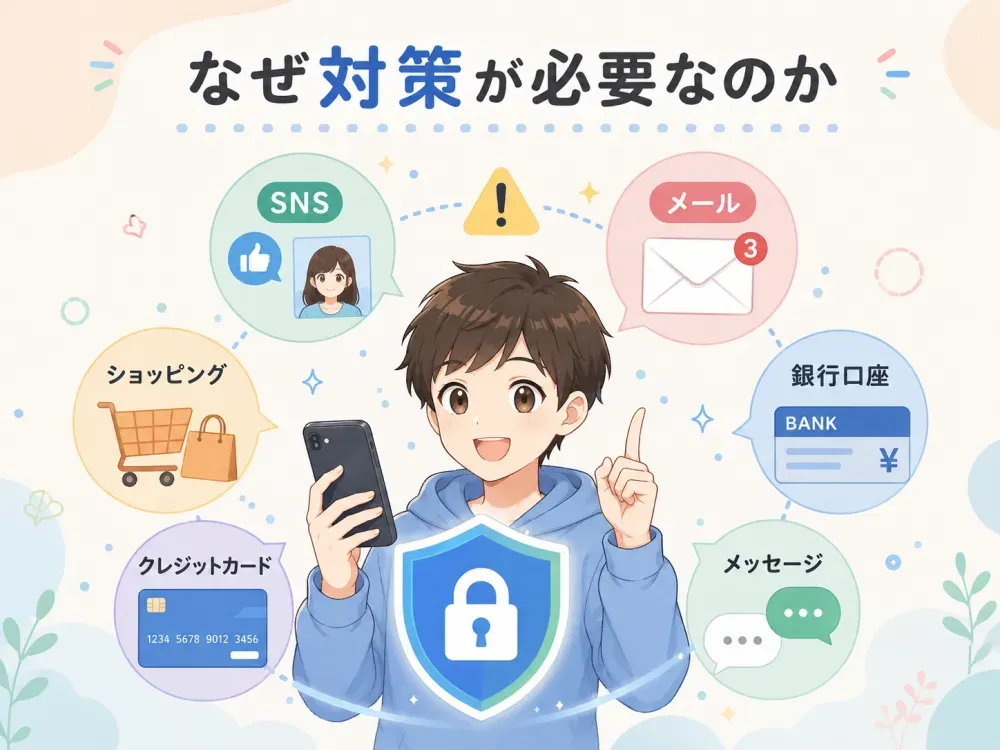スマホには SNS・メール・銀行口座・クレジットカードなど大切な情報が詰まっていることを示すイラスト