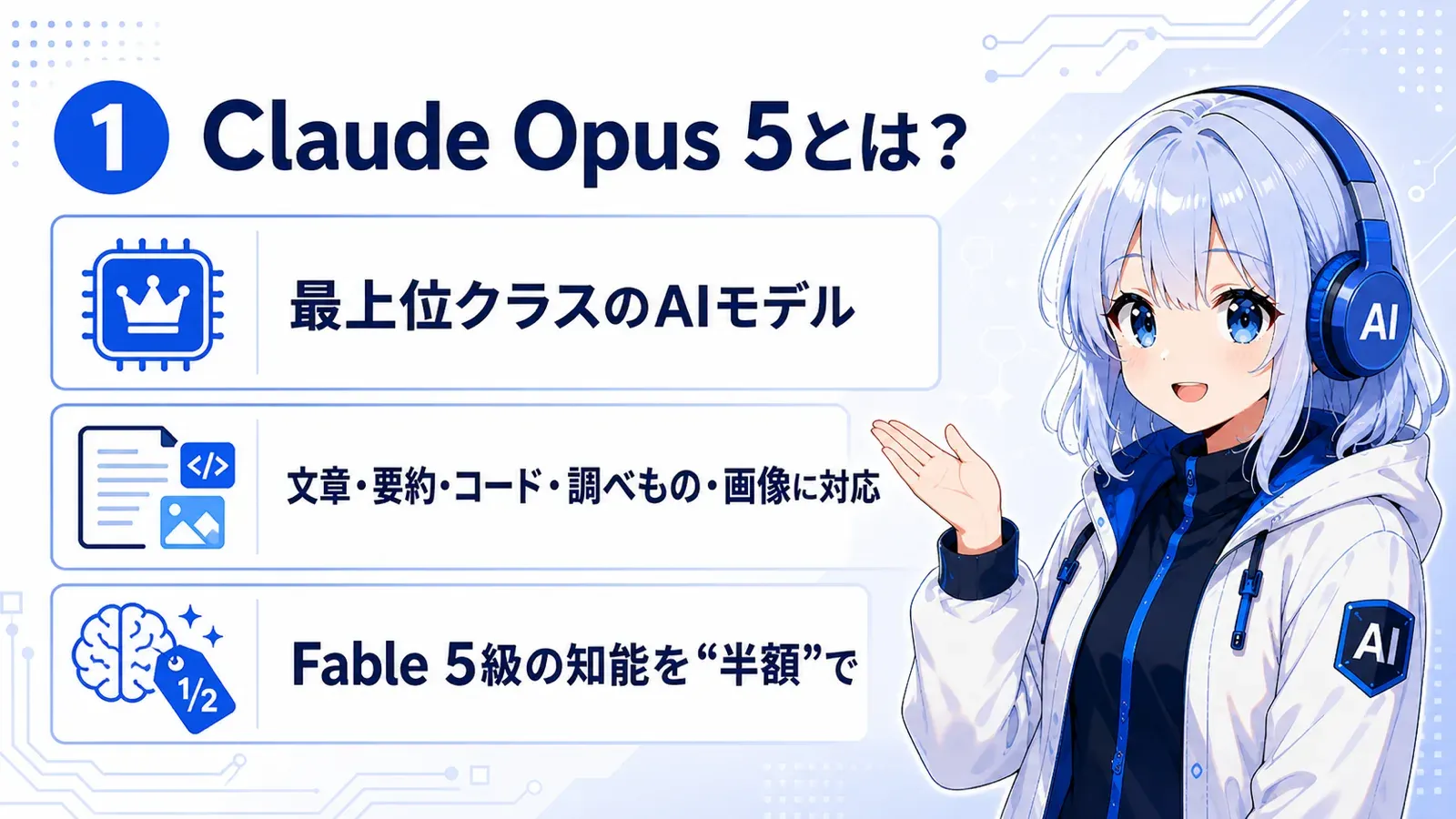 Claude Opus 5とは。最上位クラスのAIモデルで、文章・要約・コード・調べもの・画像に対応し、Fable 5級の知能を半額で使える
