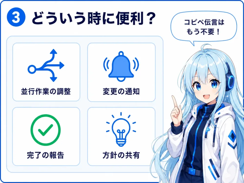 便利な活用シーン。並行作業の調整、変更の通知、長時間タスクの完了報告、設計判断の共有