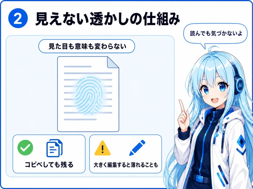 見えない透かしの仕組み。文章の中に人間には分からないパターンを織り込み、見た目や意味は変わらない。コピペで残り、大幅な編集で薄れる