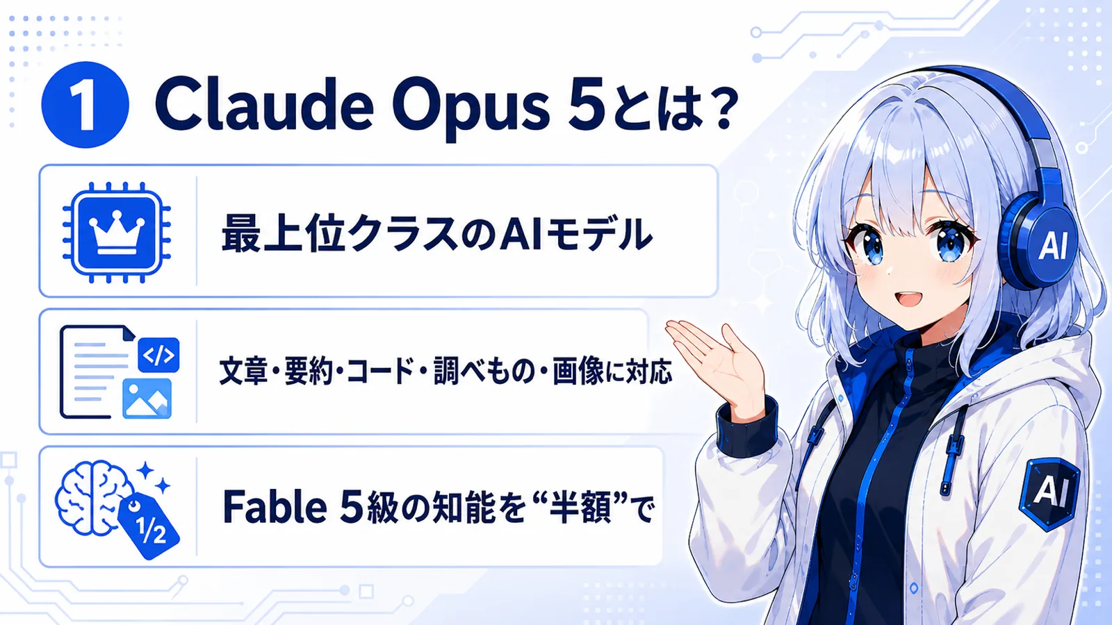 Claude Opus 5とは。最上位クラスのAIモデルで、文章・要約・コード・調べもの・画像に対応し、Fable 5級の知能を半額で使える