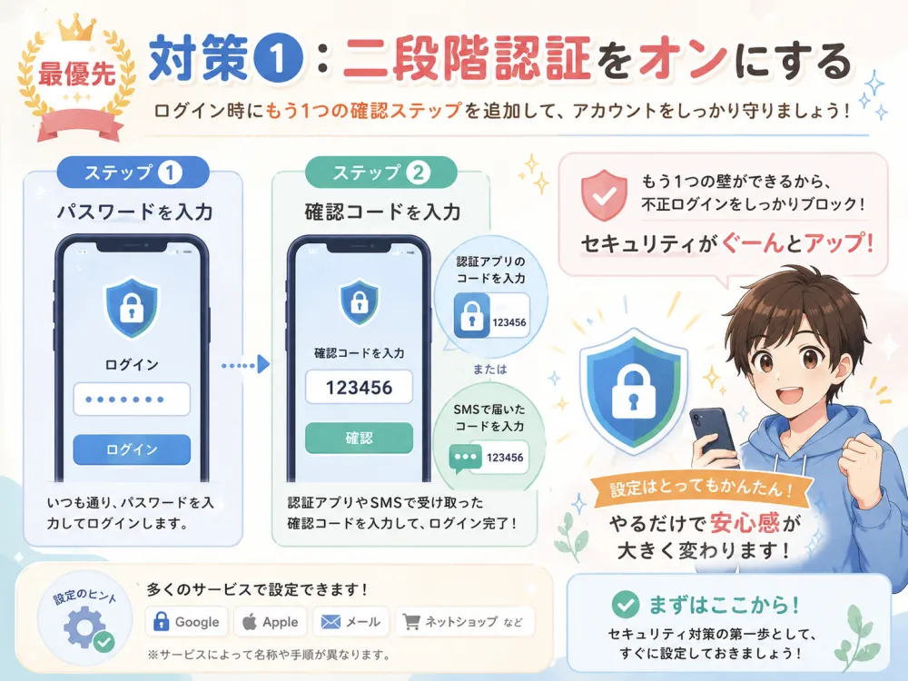 二段階認証の仕組み。パスワード入力に加えて確認コードを入力する2ステップの流れを示した図解