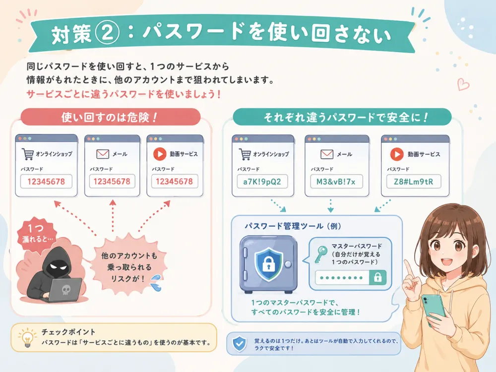 パスワードの使い回しは危険で、サービスごとに違うパスワードを使い管理ツールでまとめると安全だと示す図解