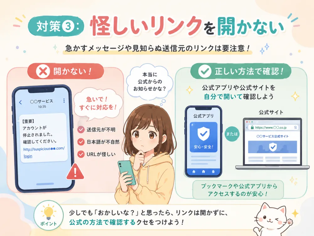 急かす偽メッセージのリンクは開かず、公式アプリや公式サイトから自分で確認するのが正しい方法だと示す図解