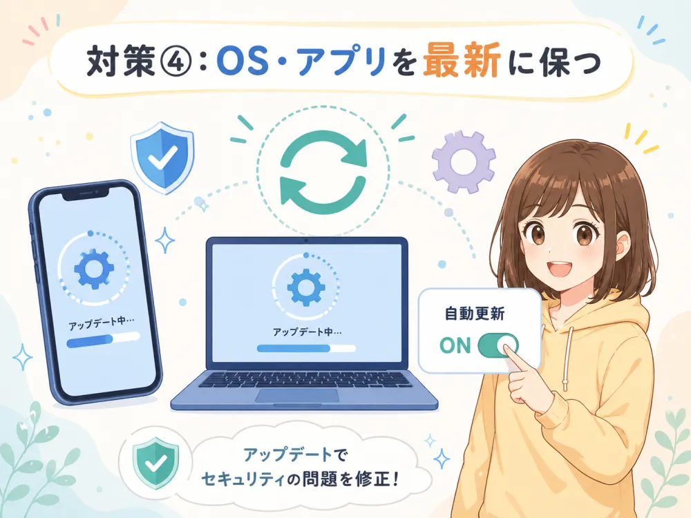 スマホやPCの自動更新をオンにして、OS・アプリを最新に保つことでセキュリティの問題を修正できると示すイラスト