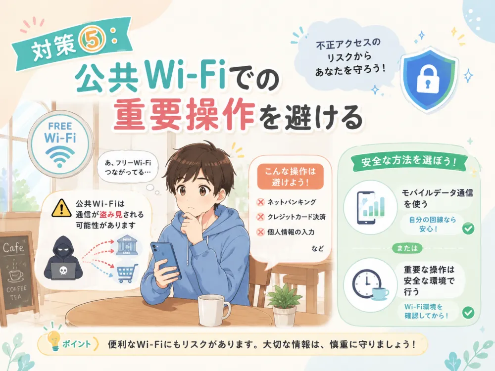 公共Wi-Fiではネットバンキングやカード決済などの重要操作を避け、モバイル回線など安全な方法を選ぶよう示す図解