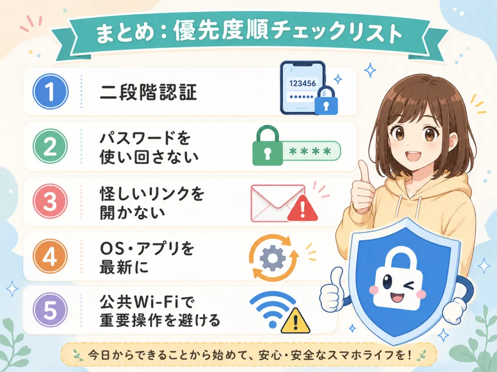 二段階認証・パスワード使い回さない・怪しいリンクを開かない・OSアプリ最新・公共Wi-Fi注意の5つを優先度順にまとめたチェックリスト