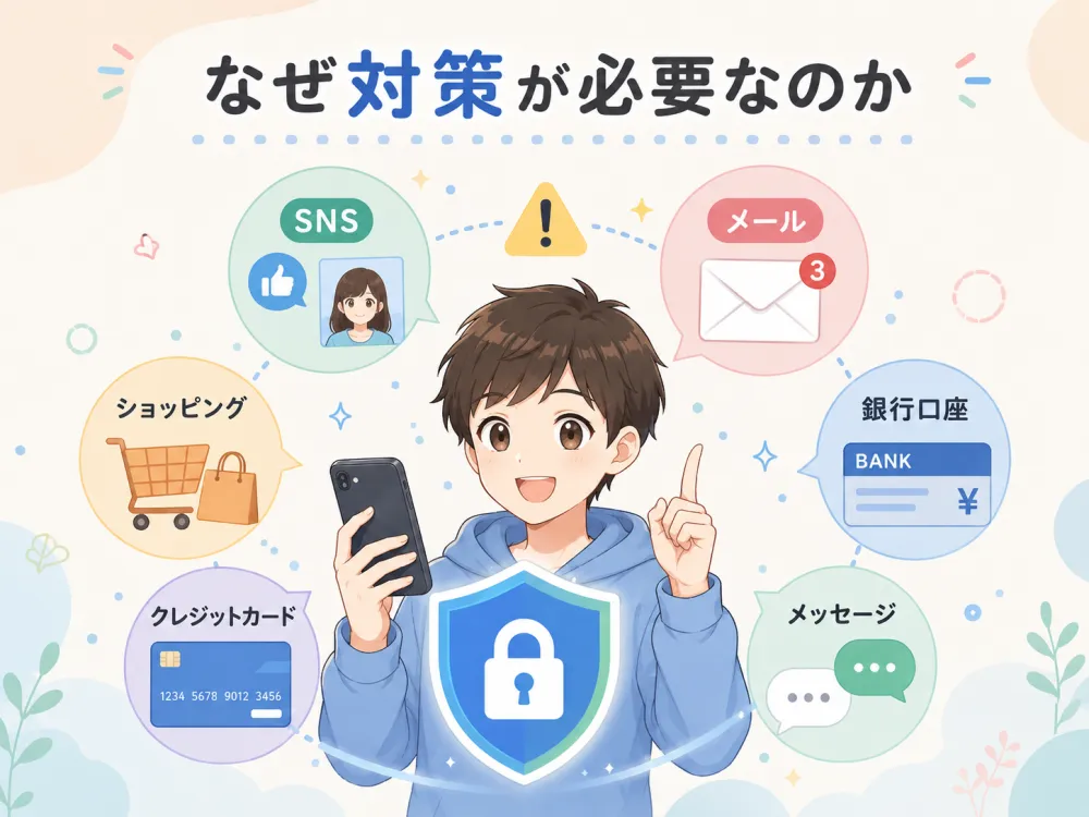 スマホには SNS・メール・銀行口座・クレジットカードなど大切な情報が詰まっていることを示すイラスト